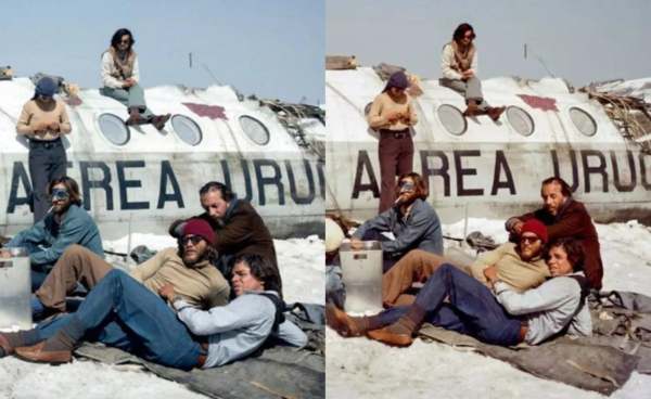 Side-by-side images from "The Snow Society" showing the survivors of the Andes plane crash enduring harsh conditions, highlighting their resilience and solidarity.