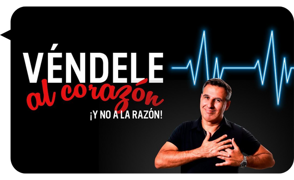 Marcelo Borlando with his hands over his heart, standing next to the phrase 'Véndele al corazón y no a la razón' and a heart rate line graphic on a black background.